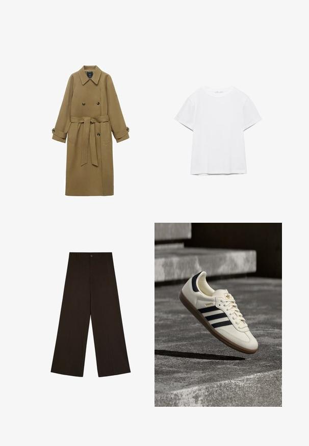 Lange kameelkleurige trenchcoat met brede reverskraag, dubbele knopen, ceintuur in de taille en knoopmanchetten, weergegeven op een witte achtergrond.; Effen wit T-shirt met korte mouwen en ronde hals, met een rechte zoom, gepresenteerd tegen een witte achtergrond.; Donkerbruine wijde broek met subtiele verticale krijtstrepen, knoopsluiting en riemlussen, plat gelegd op een witte achtergrond.; Witte Adidas Samba sneaker met zwarte strepen en gumzool, zwevend boven gestructureerde grijze betonnen treden.