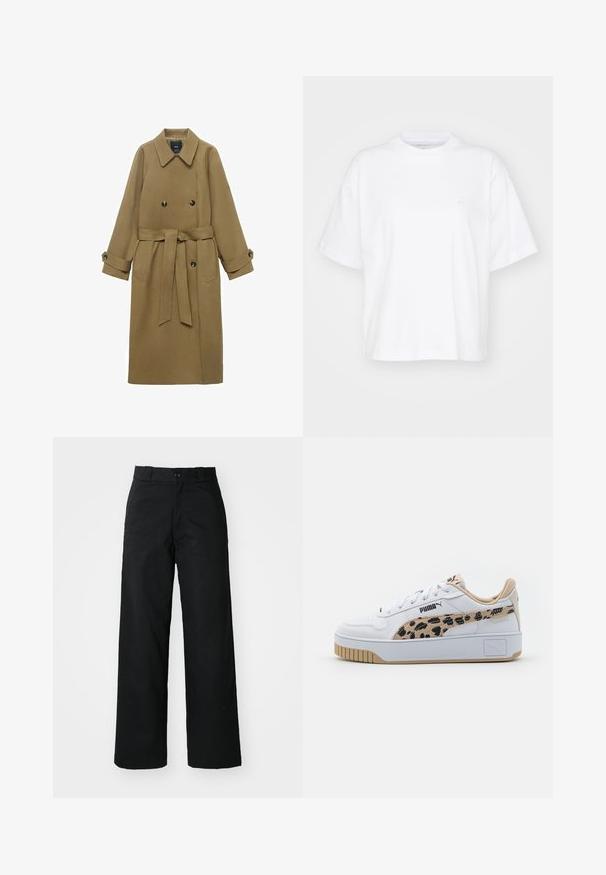 Lange kameelkleurige trenchcoat met brede reverskraag, dubbele knopen, ceintuur in de taille en knoopmanchetten, weergegeven op een witte achtergrond.; Witte katoenen t-shirt met een ronde hals, korte mouwen en een ontspannen pasvorm. Heeft een subtiel logo op het linkerborstgedeelte. Zachte textuur.; Zwarte wijde broek met een vlakke voorkant, knoopsluiting en riemlussen. Gemaakt van stevige stof met een gladde textuur.; Witte sneaker met een zijkant in luipaardprint, textuurleer, gevoerd kraagje en rubberen zool. Bevat branding op de tong en de zijkant.
