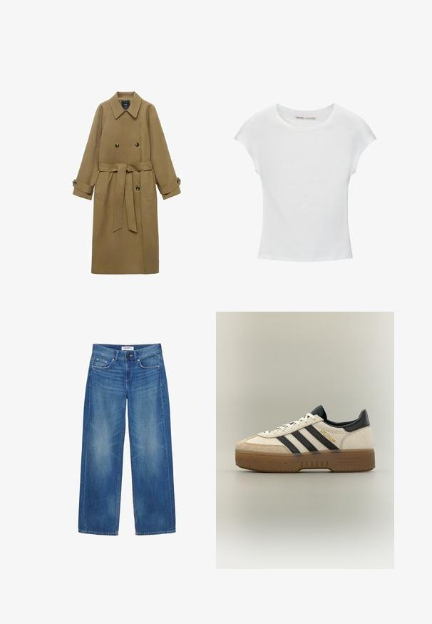 Trench-coat long en camel avec col large à revers, boutons double-breasted, taille ceinturée et poignets à boutons, présenté sur fond blanc.; T-shirt en coton blanc avec manches courtes retroussées, encolure ronde et ourlet droit. Texture lisse sans motifs ni accents visibles.; Jeans bleu à jambes larges avec poches avant, passants pour ceinture, fermeture par bouton et détails subtils délavés sur les cuisses et les genoux.; Baskets blanches Adidas avec bandes noires, bout en daim beige, semelle marron et "SPEZIAL" en lettres dorées sur le côté.