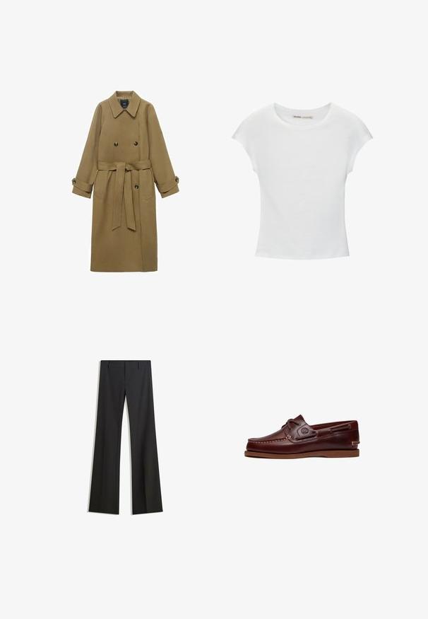 Lange kameelkleurige trenchcoat met brede reverskraag, dubbele knopen, ceintuur in de taille en knoopmanchetten, weergegeven op een witte achtergrond.; Witte katoenen T-shirt met korte, opgerolde mouwen, een ronde halslijn en een rechte zoom. Gladde textuur zonder zichtbare patronen of accenten.; Zwarte, uitlopende broek met een gladde textuur, voorzien van een getailleerde pasvorm en een tailleband. Geen zichtbare patronen of versieringen.; Bruine leren boot schoen met veters, stiksel details en Timberland-logo aan de zijkant, weergegeven op een witte achtergrond.