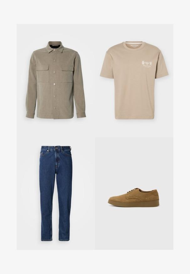 Veste beige à boutons avec un col, deux poches poitrine et des boutons pression métalliques, fabriquée en tissu texturé.; T-shirt beige à manches courtes avec col rond, présentant de petits motifs d'insectes et le logo "Marc O'Polo" sur la poitrine gauche.; Jean bleu foncé en denim, avec une coupe droite, style cinq poches et des coutures apparentes le long des coutures.; Chaussure décontractée à lacets en daim marron avec semelle en caoutchouc plate, vue de côté sur un fond clair uni.