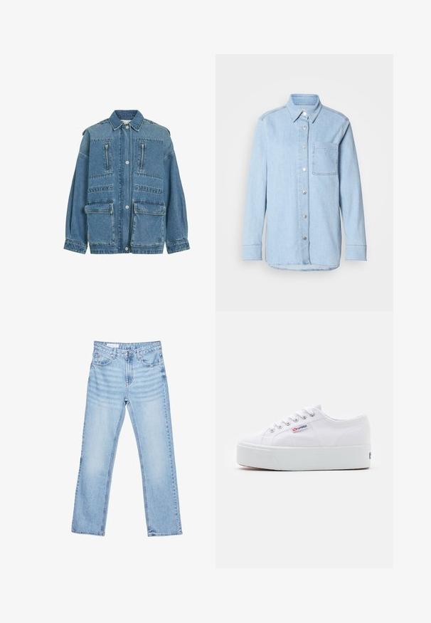 Veste en denim bleu avec boutons-pression, quatre poches avant, dont deux poches poitrine zippées et deux poches à rabat à la taille.; Chemise en denim bleu clair avec un devant à boutons, un col pointu, une poche poitrine unique et des manches longues avec des poignets à boutons.; Jean en denim bleu clair à coupe droite avec cinq poches et une fermeture par bouton à la taille, posé à plat sur un fond blanc.; Baskets en toile blanches avec une épaisse semelle plateforme blanche, bout rond et œillets en métal pour les lacets. Logo de la marque affiché sur le côté.