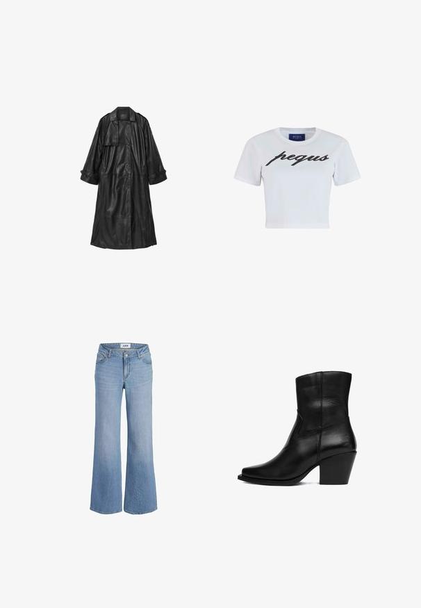 Sort læder trench coat med dobbeltbrystet design, brede ærmer og bælte i taljen. Har en stor krave og sidelommer.; Hvid cropped t-shirt lavet af bomuld, med korte ærmer og et sort cursive "pequs" logo på fronten. Rund udskæring.; Lyseblå jeans med høj talje og brede ben, lukkes foran med knapper og lynlås, har bæltestropper og et JJXX-mærke i linningen.; Sort læderankelstøvle med spids tå og buet hæl. Har et enkelt syningsmønster og ingen synlige metaldele.