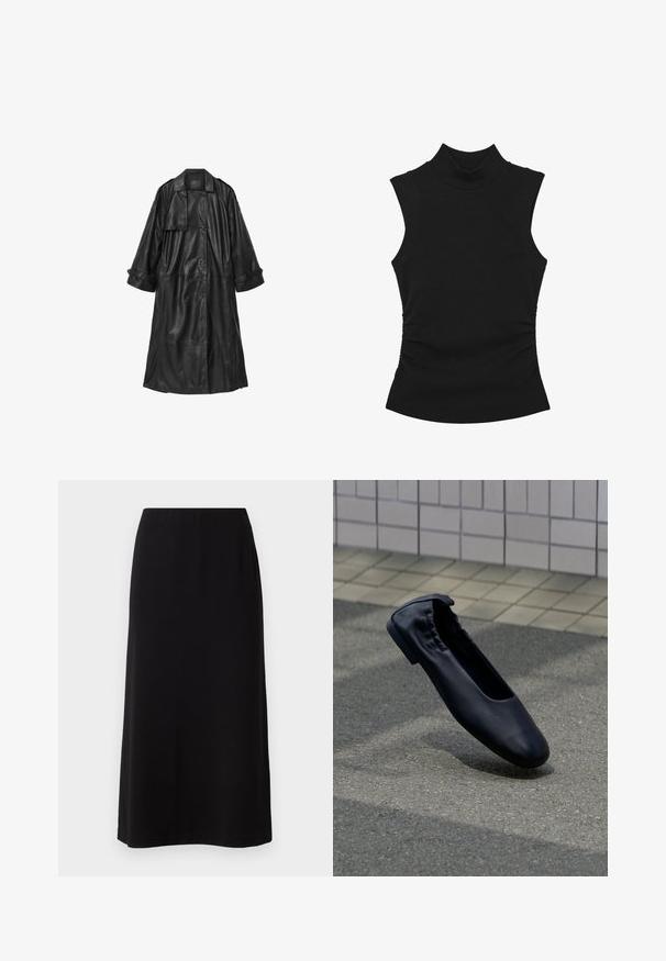 Sort læder trench coat med dobbeltbrystet design, brede ærmer og bælte i taljen. Har en stor krave og sidelommer.; Sort ærmeløs top med høj krave, lavet af strækbart stof. Har rynkede detaljer på siderne og en tætsiddende silhuet.; Sort maxiskørt med en glat, blød tekstur og en elastisk talje. Simpel, lige snit uden synlige mønstre eller udsmykninger.; Sort læder balletsko med elastisk bagstykke, hvilende på en tekstureret udendørs belægning med flisevæg i baggrunden.