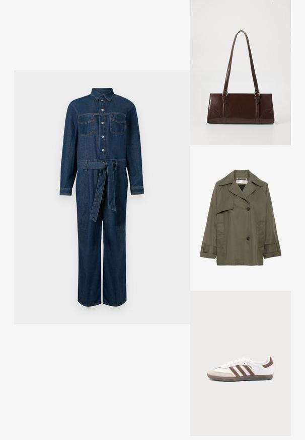 Olivengroene trenchcoat met een kraag, grote voorzakken, twee zwarte knopen en driekwartmouwen. Glad stof met een ontspannen pasvorm.; Donkerblauwe denim jumpsuit met lange mouwen, sluiting aan de voorkant met knopen, twee borstzakken en een tailleceintuur.; Witte Adidas Samba sneaker met bruine suède strepen, bruine rubberen zool en beige suède neuskap, getoond vanaf de buitenkant op een effen achtergrond.; Bruine lakleren handtas met een rechthoekige vorm, twee lange handvatten en subtiele gebogen accenten aan de voorkant.