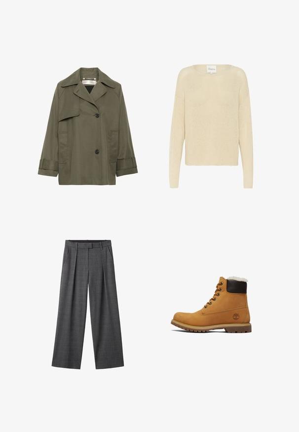 Olivengroene trenchcoat met een kraag, grote voorzakken, twee zwarte knopen en driekwartmouwen. Glad stof met een ontspannen pasvorm.; Beige gebreide trui met een ronde hals, lange mouwen en een losse pasvorm. Gemaakt van een zachte, gestructureerde stof met een lichtgewicht structuur.; Grijze geruite wijde pantalon met een geplooide voorkant, tailleband en een gestructureerde stof met een subtiel ruitpatroon.; Tan leren enkellaars met een bruine verhoogde kraag, metalen oogjes en een gestructureerde, duurzame zool. Bevat een logo nabij de hak.