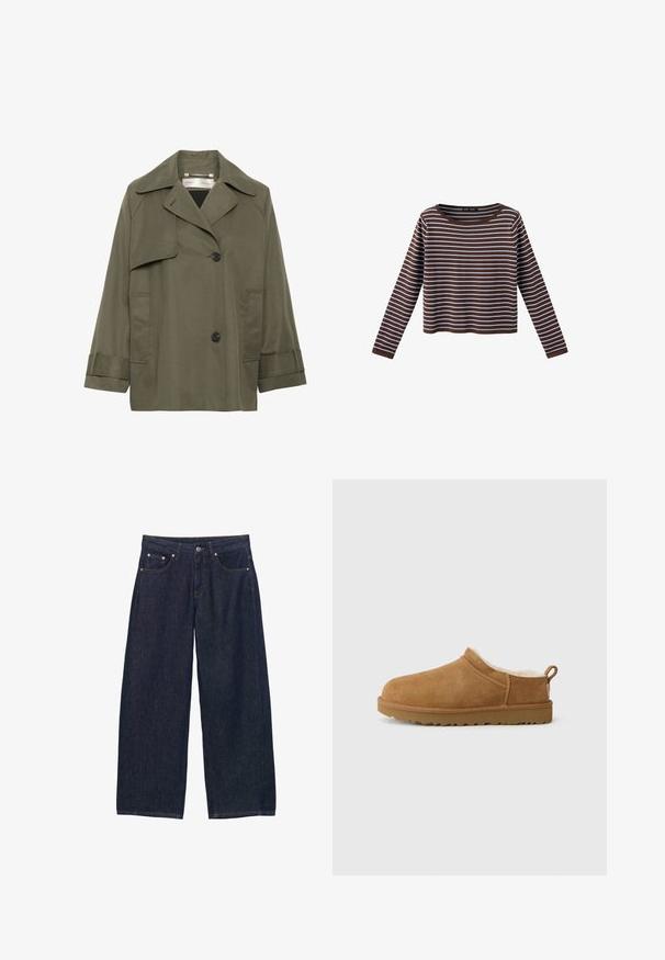 Olivengroene trenchcoat met een kraag, grote voorzakken, twee zwarte knopen en driekwartmouwen. Glad stof met een ontspannen pasvorm.; Bruine cropped trui met lange mouwen, horizontale witte strepen en een ronde halslijn tegen een witte achtergrond.; Donkerblauwe denim spijkerbroek met wijde pijpen, voorzakken, riemlussen en een knoopsluiting in de taille.; Bruine suede instap schoen met een zachte, witte bontvoering, vlakke rubberen zool, ronde neus en een kleine trekflap aan de hiel.