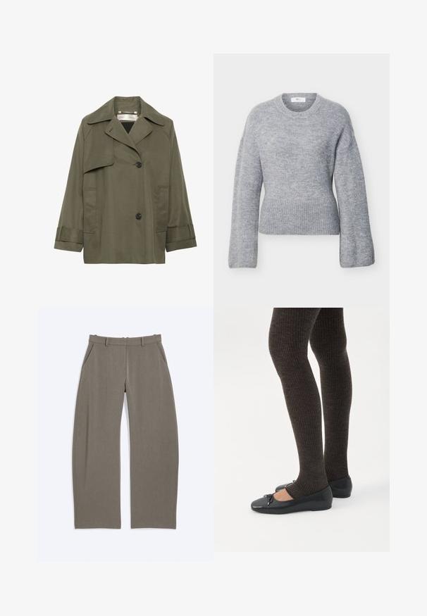 Olivengroene trenchcoat met een kraag, grote voorzakken, twee zwarte knopen en driekwartmouwen. Glad stof met een ontspannen pasvorm.; Lichtgrijze, fijngebreide trui met lange mouwen, voorzien van een geribbelde ronde hals, manchetten en zoom, plat uitgestald op een witte achtergrond.; Rechte taupekleurige broek met riemlussen en zijzakken, platliggend op een witte achtergrond.; Benen met donkere geribbelde leggings gecombineerd met zwarte ballerina's met kleine strikdetails op een witte achtergrond.