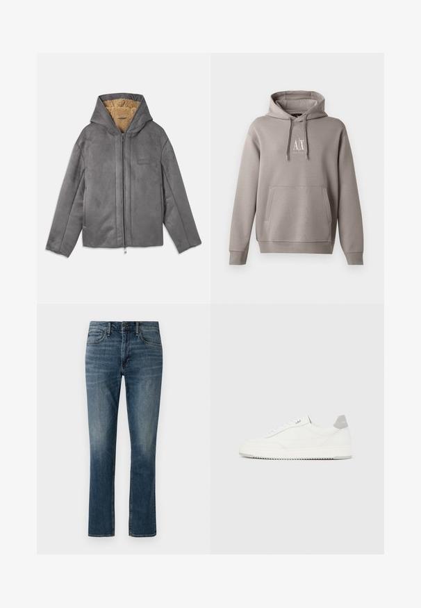Chaqueta gris con cremallera y capucha, hecha de un material suave similar al ante, forrada con forro polar color beige para proporcionar calidez y comodidad. Cuenta con bolsillos laterales.; Sudadera gris con un bolsillo canguro central, capucha ajustable con cordón y un pequeño logo blanco en el pecho. Textura de tela suave.; Jeans de mezclilla de color azul oscuro con pierna recta. Las características incluyen bolsillos frontales, un cierre de botón y un ligero desvanecimiento cerca de los muslos.; Zapatilla blanca de corte bajo con pestaña en el talón gris, cordones blancos y suela texturizada, presentada sobre un fondo claro y liso.
