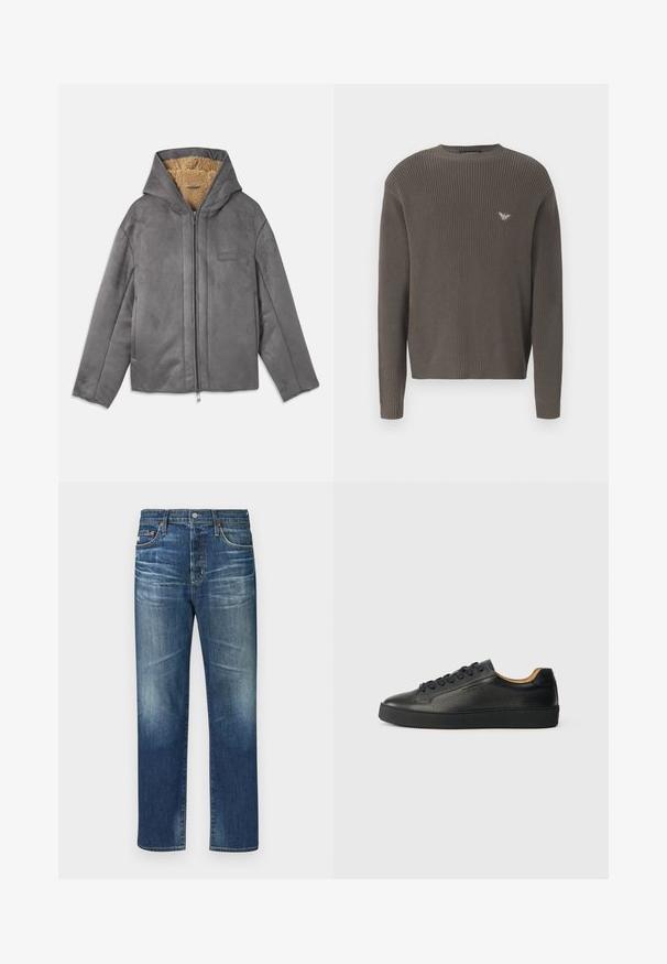 Chaqueta gris con cremallera y capucha, hecha de un material suave similar al ante, forrada con forro polar color beige para proporcionar calidez y comodidad. Cuenta con bolsillos laterales.; Suéter de punto verde oscuro con cuello redondo, puños y dobladillo acanalados, que presenta un pequeño logo en el pecho. Tejido texturizado con una forma ajustada.; Vaqueros de mezclilla azul con corte recto, que presentan zonas desgastadas, un diseño clásico de cinco bolsillos, remaches de cobre y una bragueta con botón.; Zapatilla negra de cuero de caña baja con superficie texturizada, cordones negros y suela de goma gruesa, mostrada de lado sobre un fondo claro.