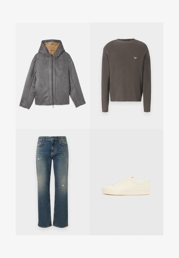 Chaqueta gris con cremallera y capucha, hecha de un material suave similar al ante, forrada con forro polar color beige para proporcionar calidez y comodidad. Cuenta con bolsillos laterales.; Suéter de punto verde oscuro con cuello redondo, puños y dobladillo acanalados, que presenta un pequeño logo en el pecho. Tejido texturizado con una forma ajustada.; Vaqueros de mezclilla en azul medio con corte recto, que presentan un ligero desgaste y parches desgastados. Diseño clásico de cinco bolsillos y cierre con botón superior.; Zapatilla de color crema con parte superior de cuero liso, puntera redondeada, cierre de cordones y suela de goma texturizada. Diseño minimalista, sin logotipos.