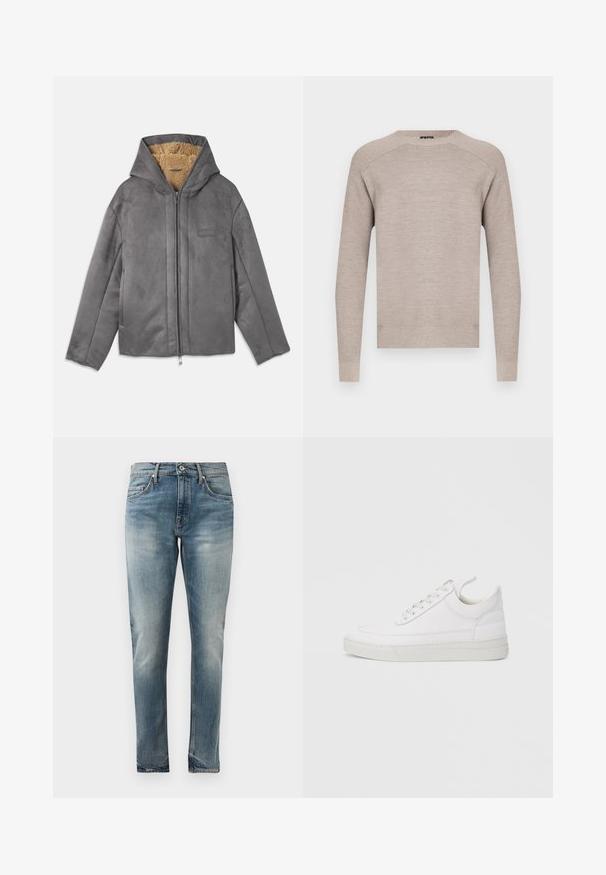 Grå lynlåstrøje med hætte, lavet af blødt ruskindsagtigt materiale, foret med beige fleece for varme og komfort. Har sidelommer.; Beige strikket sweater med rund halsudskæring, lange ærmer og ribstrikkede manchetter og kant. Glat tekstur med et subtilt, ensartet mønster.; Slim-fit blå denimjeans med falmet vask, fem-lomme stil, knaplukning og diskret slidmærker ved hofter og knæ.; Hvid lædersneaker med rundet tå, flad sål og snørebånd foran. Har syningsdetaljer og polstret krave for komfort.
