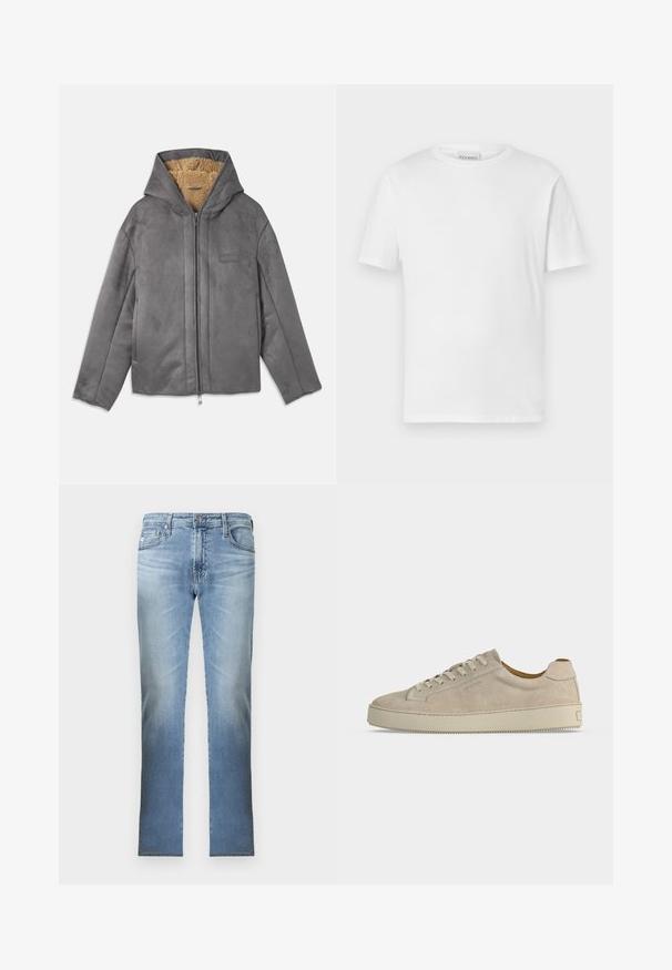 Graue Jacke mit Reißverschluss und Kapuze, aus weichem, wildlederähnlichem Material, gefüttert mit beigefarbenem Fleece für Wärme und Komfort. Mit Seitentaschen.; Weißes T-Shirt mit kurzen Ärmeln aus Baumwolle. Hat einen runden Halsausschnitt und einen geraden Saum. Keine Muster oder Verzierungen. Einfaches Design.; Hellblaue Jeans aus Denim mit geradem Schnitt, standardmäßigem Fünf-Taschen-Design und subtiler Ausbleichung. Sie verfügen über einen Knopf- und Reißverschluss.; Beiger Wildleder-Low-Top-Sneaker mit Schnürverschluss und dicker Gummisohle, von der Seite auf weißem Hintergrund gezeigt.