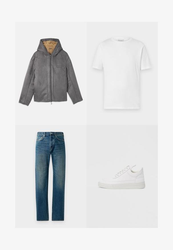 Chaqueta gris con cremallera y capucha, hecha de un material suave similar al ante, forrada con forro polar color beige para proporcionar calidez y comodidad. Cuenta con bolsillos laterales.; Camiseta blanca de manga corta hecha de algodón. Presenta un escote redondo y un dobladillo recto. Sin patrones ni adornos. Diseño simple.; Vaqueros de mezclilla azul con un diseño de pierna recta, que cuentan con un estilo de cinco bolsillos, un sutil desvanecimiento y acentos de costura en contraste.; Zapatilla blanca de cuero con punta redondeada, suela plana y cierre de cordones. Presenta detalles de costuras y un cuello acolchado para mayor comodidad.