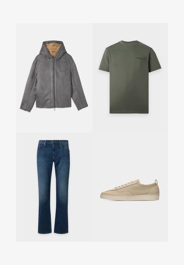 Chaqueta gris con cremallera y capucha, hecha de un material suave similar al ante, forrada con forro polar color beige para proporcionar calidez y comodidad. Cuenta con bolsillos laterales.; Camiseta de manga corta de color verde oscuro liso con cuello redondo y pequeño logotipo de texto sutil en el pecho izquierdo.; Vaqueros azules de pierna recta con bolsillos delanteros y cierre de botón, mostrando un leve desgaste alrededor de los muslos y las rodillas.; Zapatilla baja beige con parte superior de tela y ante, cordones blancos, suela de goma y lengüeta en el talón, mostrada de perfil sobre fondo blanco.