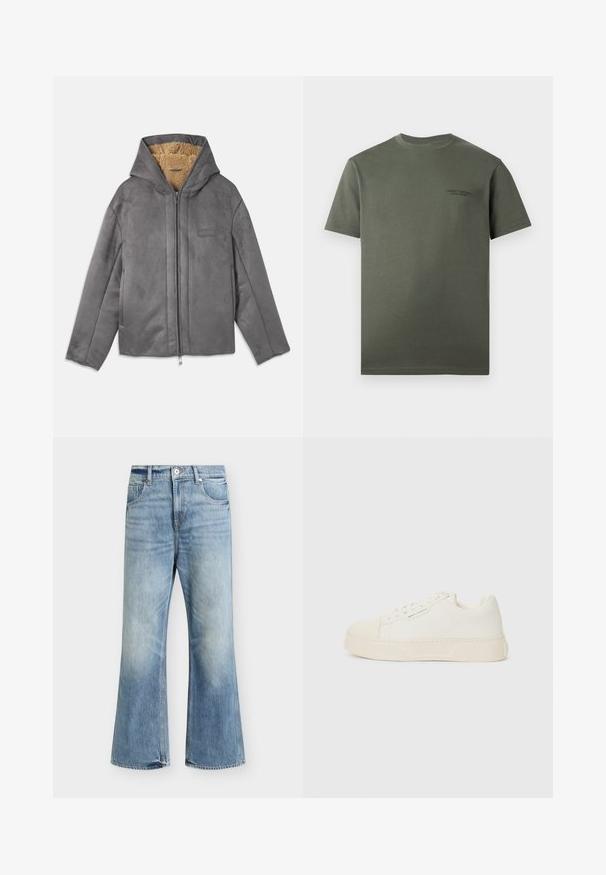 Chaqueta gris con cremallera y capucha, hecha de un material suave similar al ante, forrada con forro polar color beige para proporcionar calidez y comodidad. Cuenta con bolsillos laterales.; Camiseta de manga corta de color verde oscuro liso con cuello redondo y pequeño logotipo de texto sutil en el pecho izquierdo.; Vaqueros azul claro de talle alto y pierna ancha con cierre frontal de botón y cremallera, dos bolsillos delanteros y ligero desteñido en muslos y rodillas.; Zapatilla color crema con parte superior lisa, puntera redonda, logo en relieve y suela blanca texturizada. Presenta un cierre de cordones en la parte delantera y un diseño minimalista.
