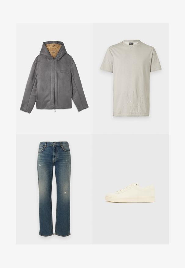 Grå lynlåstrøje med hætte, lavet af blødt ruskindsagtigt materiale, foret med beige fleece for varme og komfort. Har sidelommer.; Lysegrå t-shirt med korte ærmer, honningkageagtig tekstur og rund halsudskæring. Mærkat vist ved halsudskæringen.; Denim jeans i medium blå med lige pasform, der har let slid og distressed lapper. Klassisk fem-lomme design og knaplukning i toppen.; Sneaker i cremefarve med en glat læderoverdel, rundet tå, snørelukning foran og en tekstureret gummisål. Minimalistisk design uden logoer.
