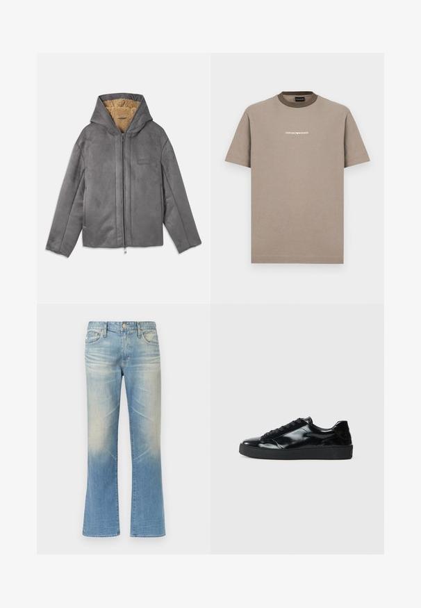 Grå lynlåstrøje med hætte, lavet af blødt ruskindsagtigt materiale, foret med beige fleece for varme og komfort. Har sidelommer.; Brun bomulds t-shirt med korte ærmer og rund krave. Har en kontrasterende mørkebrun krave og hvid "EMPORIO ARMANI" logo.; Lyseblå denim jeans med vidde, med en falmet finish, fem-lomme-design, lukkes med metal knap og lige sømme.; Sorte laklæder sneakers med rund tå, snørredesign, tekstureret gummisål og en glat overflade.