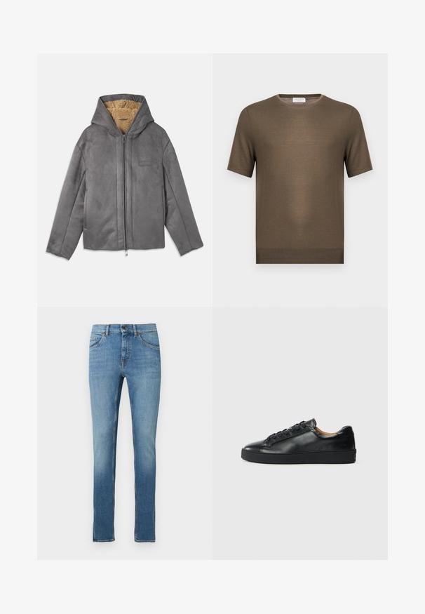 Grå lynlåstrøje med hætte, lavet af blødt ruskindsagtigt materiale, foret med beige fleece for varme og komfort. Har sidelommer.; Kortærmet olivengrøn striktrøje med rund hals og ribbet kant, vist på en ensfarvet hvid baggrund.; Lyseblå denimjeans med lige ben, forrest med knaplukning, fem-lomme-design og kontrasterende syningsdetaljer.; Sorte lædersneakers med en glat overflade, rund tå og snørebåndslukning. Har en tyk gummisål og minimal branddetalje.