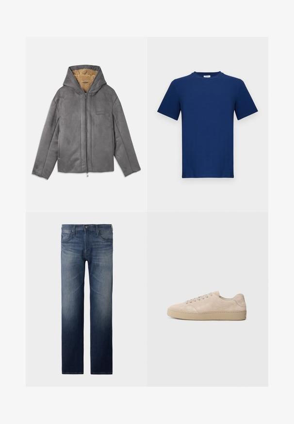 Chaqueta gris con cremallera y capucha, hecha de un material suave similar al ante, forrada con forro polar color beige para proporcionar calidez y comodidad. Cuenta con bolsillos laterales.; Camiseta de color azul marino de manga corta hecha de algodón. Presenta un cuello redondo y un corte recto, con una textura suave y sin patrones visibles.; Jeans de pierna recta en lavado azul oscuro. Presenta cinco bolsillos, cierre de cremallera y botón. Textura ligeramente desteñida en el muslo. Tejido de mezclilla.; Zapatilla de ante beige con punta redondeada, cordones planos y suela de goma texturizada. Diseño minimalista con bordes suaves y costuras sutiles.