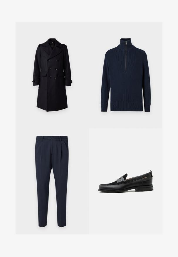 Belstaff MILFORD COAT - Klassisk frakke - ink blue; Marineblå ribstrikket striktrøje med høj krave og halvlukning med lynlås. Har lange ærmer og en fitted kant. Glat tekstur.; Marinebukser lavet af glat stof, med pile, lynlås- og knaplukning, sidelommer og en tætsiddende ben-design.; Sort læderloafer med grå remdetalje, lav hæl og tekstureret sål, mærket med "HUGO" i guld på siden.