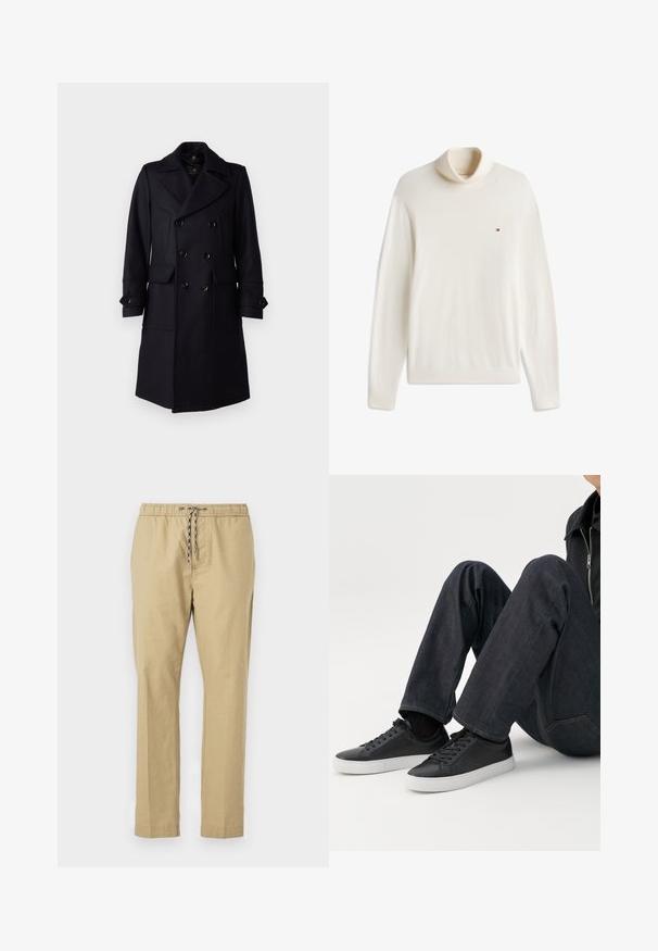 Belstaff MILFORD COAT - Klassisk frakke - ink blue; Langærmet polo i cremefarve med lille rektangulært logo på venstre bryst og ribkanter ved ærmer og kant.; Beige bukser med elastisk talje, justerbar snøre, lige ben og et let stof.; Person siddende med bøjede ben, iført mørkeblå jeans og sorte lave sneakers med hvide såler på en hvid baggrund.