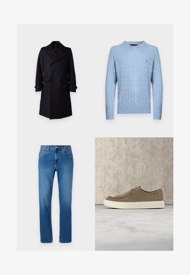Belstaff MILFORD COAT - Klassischer Mantel - ink blue; Hellblauer Strickpullover mit Zopfmuster und langen Ärmeln, mit gerippten Bündchen und Saum, mit einem kleinen Tommy Hilfiger Logo auf der Brust.; Blaue Denim-Jeans mit geradem Bein, ausgestattet mit einem klassischen Fünf-Taschen-Design und dezenten Nähten entlang der Nähte.; Hellbrauner Wildleder-Schnürschuh mit weißer Sohle, der über einem beigen Teppich und einem braunen Holztisch im Hintergrund schwebt.