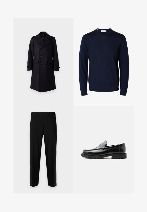 Belstaff MILFORD COAT - Klassisk frakke - ink blue; Marineblå langærmet crewneck-trøje med ribbede manchetter og kant, lavet af fint strikket stof.; Sorte bukser lavet af glat stof, med lige snit, to forlommer og lynlås med knaplukning.; Sort læderloafer med chunky gummisål, syet overdel og præget mærkenavn på hælen, vist i sideprofil på hvid baggrund.
