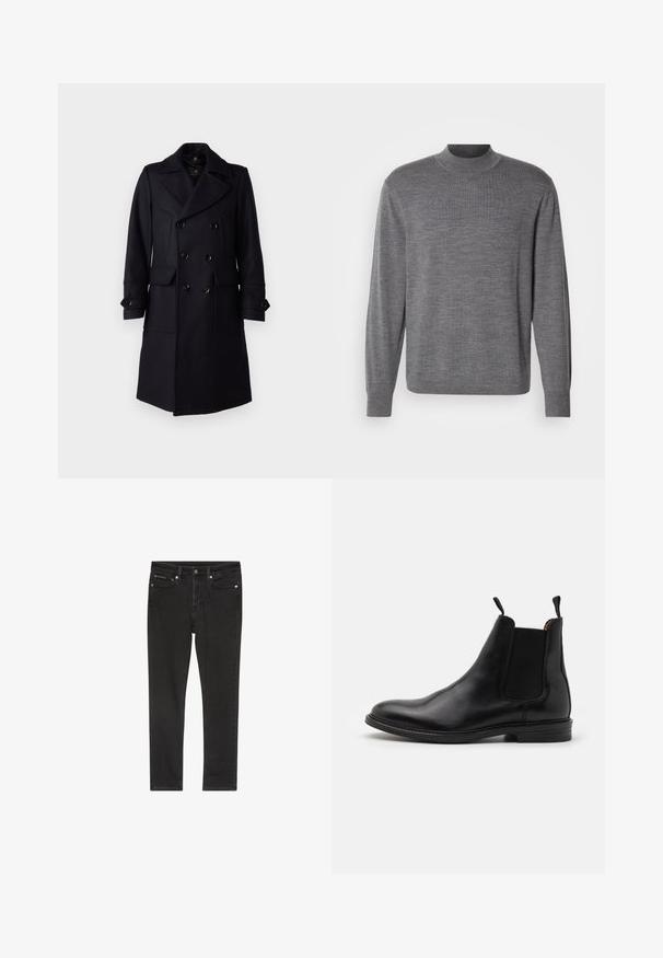 Belstaff MILFORD COAT - Klassischer Mantel - ink blue; Grauer Langarmpullover aus Strickmaterial, mit einem Stehkragen und einem dezenten Logo auf der Brust. Glatte Textur und figurbetonter Schnitt.; Schwarze Denim-Jeans mit schmaler Passform, ausgestattet mit vier Taschen, einem Metallknopfverschluss und leichten Used-Details. Glatte Textur und klassisches Design.; Schwarze Leder-Chelsea-Stiefel mit elastischen Seitenpanels, runder Zehenkappe, Zuglaschen und einem niedrigen, gestapelten Absatz. Glatte Textur und klassisches Design.