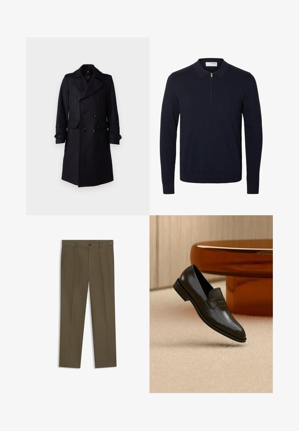 Belstaff MILFORD COAT - Klassischer Mantel - ink blue; Marineblauer Langarmpullover mit Kragen und kurzem Frontreißverschluss, aus Strickstoff mit gerippten Bündchen und Saum.; Olivgrüne, schmal geschnittene Hose mit Fronttaschen, Gürtelschlaufen, einem Knopfverschluss und einem kleinen Etikett am Taillenbund.; Schwarzer Lederloafer mit elegantem Design, ausgestattet mit einem strukturierten Band und einer glatten Oberfläche. Vor einem weichen, hellen Hintergrund präsentiert.
