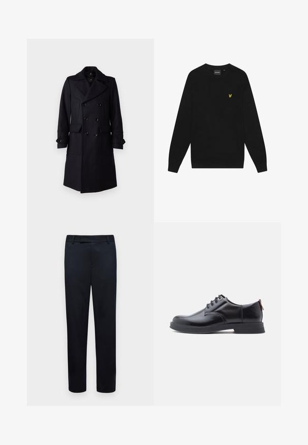 Belstaff MILFORD COAT - Klassisk frakke - ink blue; Sort bomulds sweatshirts med lange ærmer og rund hals. Har et lille gult ørnelogo på brystet. Blød tekstur.; Sorte bukser med en skræddersyet pasform. Har en glat tekstur, bæltestropper og åbninger til forlommer. Lige ben-design.; Sorte snørestøvler i læder med glat tekstur, rundet tå og diskrete syningsdetaljer. Har en rød trækflig på hælen.