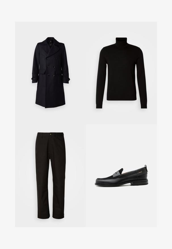 Belstaff MILFORD COAT - Klassinen takki - ink blue; Musta poolapaita, joka on valmistettu hienosta neulekankaasta ja jossa on pitkät hihat sekä istuva siluetti. Sileä pinta ja röyhelöidyt hihansuut.; Mustat puuvillahousut, joissa on suora leikkaus, vyölenkit, etuvetoketju ja yksi nappisuljenta. Sujuva pinta ilman näkyviä kuvioita.; Musta nahkalesti harmaalla remmikoristeella, matala korko ja teksturoitu pohja, sivustalla kullanvärisellä "HUGO"-brändillä.