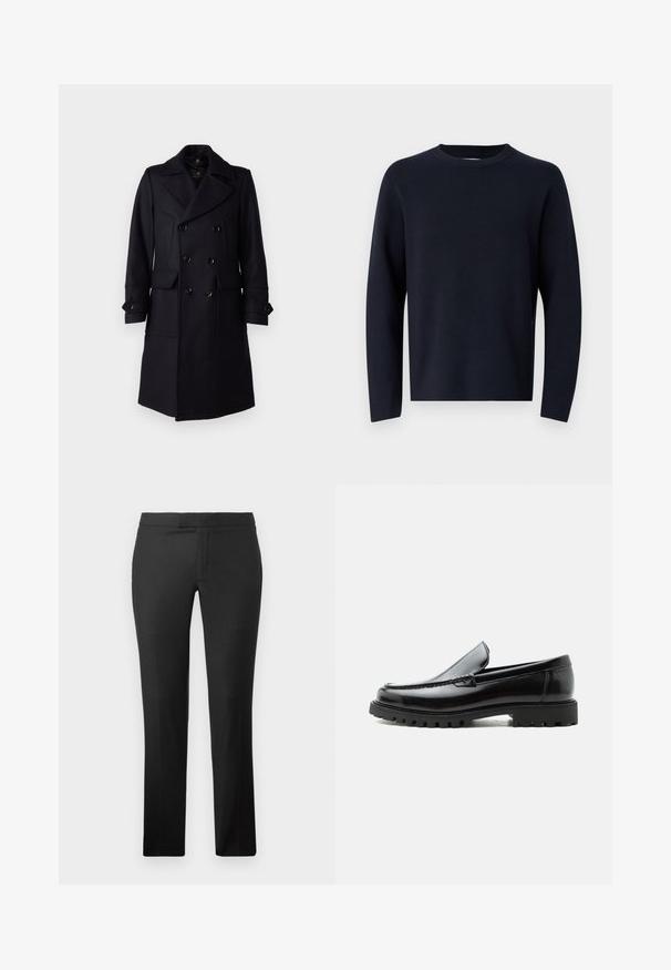 Belstaff MILFORD COAT - Klassikaline mantel - ink blue; Tumedat sinine sviiter, ümar kaelus, pika varrukaga, valmistatud pehmest kangast, millel on sile tekstuur. Lihtne disain, ilma nähtavate mustrite või metallosadeta.; Mustad sirged püksid, mis on valmistatud siledast kangast, korraliku eest, ilma nähtavate taskuteta ja puhta vöödisainiga.; Mustast nahast loafers, millel on robustne kummist tald, õmmeldud pealne ja reljeefsete tähtedega brändinimi kannal, külgvaates valgel taustal.