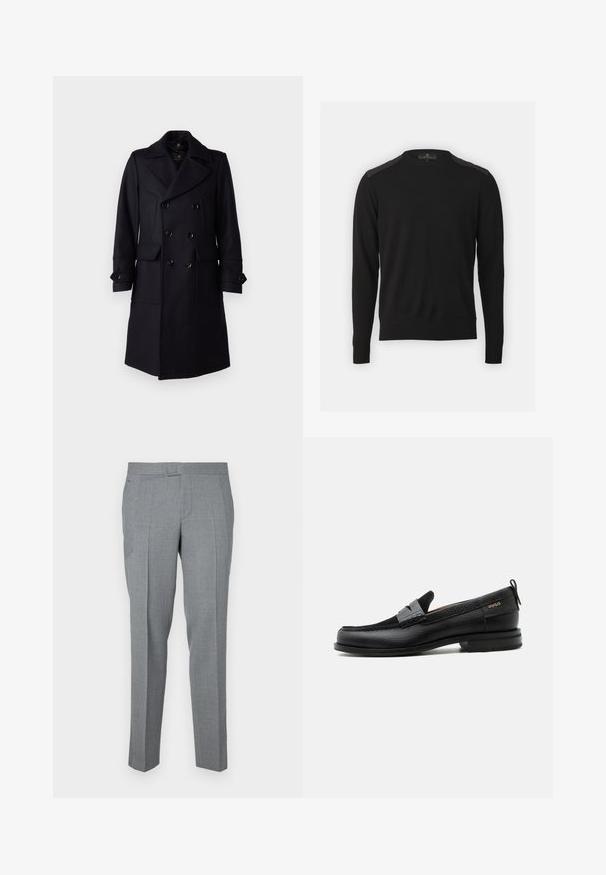 Belstaff MILFORD COAT - Klassischer Mantel - ink blue; Belstaff KERRIGAN CREW NECK JUMPER - Strickpullover - black; Grau maßgeschneiderte Hose aus strukturiertem Stoff, mit flachem Vorderteil, Gürtelschlaufen und zwei Seitentaschen. Gerades Bein-Design.; Schwarzer Lederloafer mit grauem Riemendetail, niedrigem Absatz und strukturierter Sohle, seitlich mit „HUGO“ in Gold gebrandmarkt.