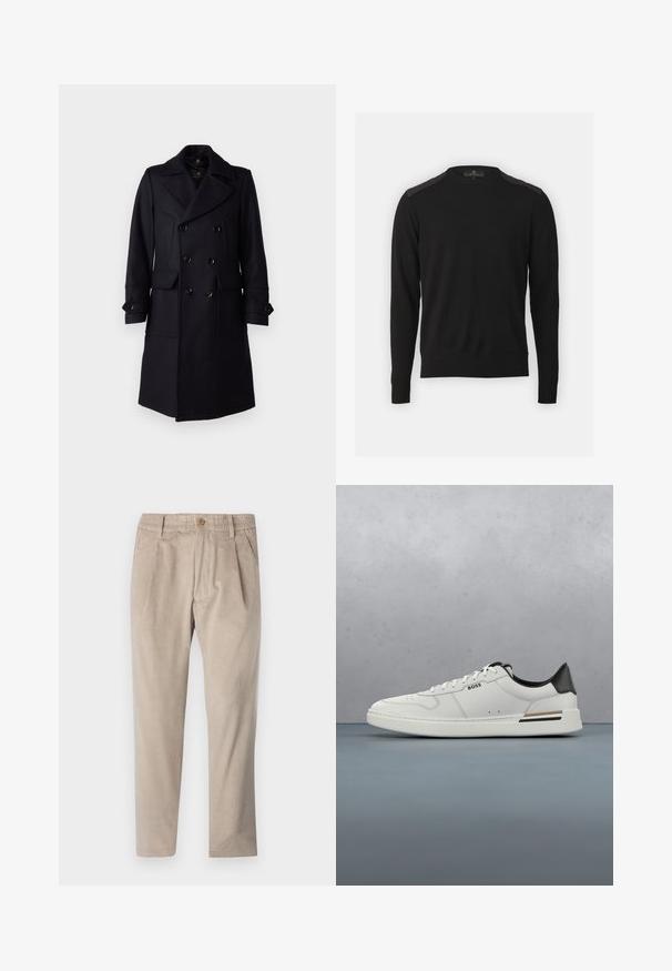 Belstaff MILFORD COAT - Klassischer Mantel - ink blue; Belstaff KERRIGAN CREW NECK JUMPER - Strickpullover - black; Beige Cordhosen mit einem elastischen Bund, Knopfverschluss und Faltendetails, ausgestattet mit einem geraden Beinschnitt und strukturiertem Stoff.; Weißer Sneaker mit niedrigem Schnitt und schwarzer Ferse, Schnürverschluss, dezenten Perforationen und "BOSS"-Logo an der Seite, gezeigt von der äußeren Seitenansicht.