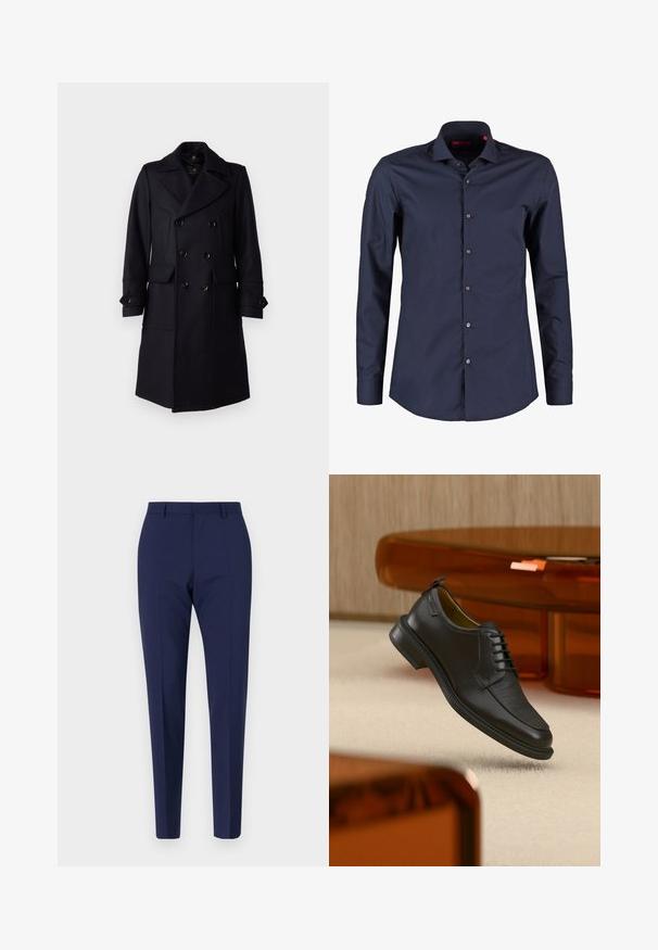 Belstaff MILFORD COAT - Klasický kabát - ink blue; Námornícky modrá košeľa s dlhým rukávom z hladkej bavlny, s klasickým golierom, prednými gombíkmi a priliehavým strihom.; Námornícky modré upravené nohavice s úzkym strihom, s hladkou textúrou, plochým predným dielom a skladanými nohavicami. Bez viditeľných vreciek alebo ozdôb.; Čierna kožená šnurovacia spoločenská obuv s textúrovanou prednou časťou, vznášajúca sa nad béžovým kobercom v modernej miestnosti s nábytkom v jantárových tónoch.