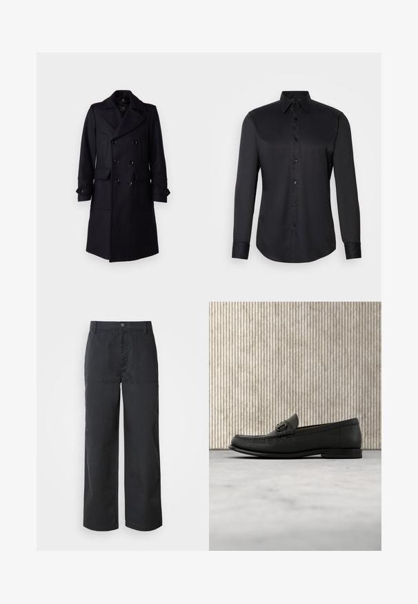 Belstaff MILFORD COAT - Klassikaline mantel - ink blue; Must mustaga särk, mis on valmistatud siledast kangast, klassikalise krae, pikkade varrukate ja nööpide sulgemisega ees.; Laiade lõikega püksid tumesinises puuvillases kangas, esikülje taskute ja nööpkinnitusega. Sile tekstuur ning minimalistlik disain.; Mustast nahast loafer metalldetailiga, mis on paigutatud beeži vaiba kohale, taustal on pruun ümar laud.