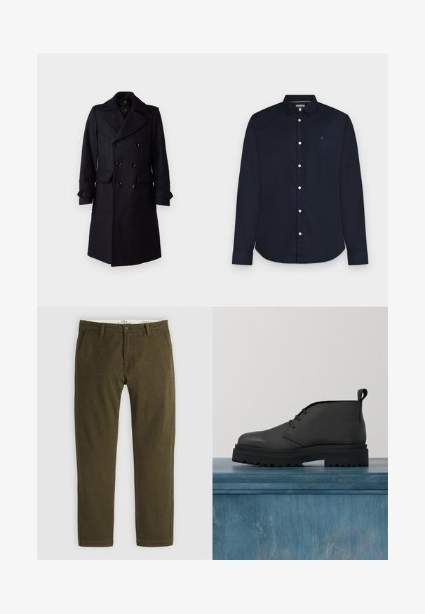 Belstaff MILFORD COAT - Klassisk frakke - ink blue; Herre langærmet mørkeblå skjorte med knapper og krave samt hvide knapper, vist på en lysegrå baggrund.; Oliven grønne lige bukser med bæltestropper, frontlommer, knaplukning og synlig Levi's branding på den indre talje.; Sort læder ankelstøvle med tekstureret overdel, snørelukning og kraftig gummisål med dybe riller for bedre greb.