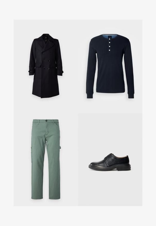 Belstaff MILFORD COAT - Klassikaline mantel - ink blue; Tumesinine pika varrukaga särk, mis on valmistatud puuvillast, henley kaelusega, kus on viis valget nuppu ja soonikvarrukad. Pehme tekstuur ja keha lähedane disain.; Rohelised cargo püksid, mis on valmistatud vastupidavast kangast, sirge sääre disainiga, küljetaskute ja nööpkinnisega. Sujuv tekstuur ja minimalistlik stiil.; Mustad musta nahast oxfordsärk, ümarate varvastega, nööbiga esiosa ja madala kihilise kandaga, heledal taustal.