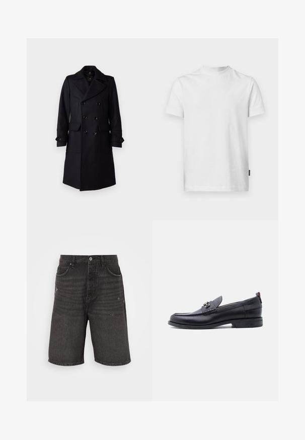 Belstaff MILFORD COAT - Klassisk frakke - ink blue; Hvid T-shirt med korte ærmer lavet af bomuld. Har en rund halsudskæring og lige pasform, med et lille mærke nederst til venstre.; Sorte denim shorts med afslappet pasform, der har frontlommer, en slidt tekstur og et klassisk taljebånd med en enkelt knaplukning.; Sort lædermokasin med grå tekstureret forfod, sølvfarvet metalspænde, lav hæl og trækflap bagpå.