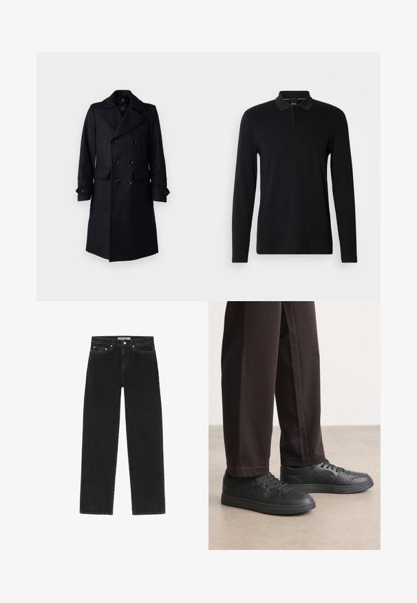 Belstaff MILFORD COAT - Klassischer Mantel - ink blue; Schwarzes Langarm-Polohemd aus glattem Stoff. Verfügt über einen Kragen, eine Dreiknopfleiste und ein dezentes Logo auf der Brust.; Schwarze Denim-Jeans mit geradem Bein, ausgestattet mit einem Knopfverschluss und Fronttaschen. Eine subtile Textur verleiht dem Stoff Tiefe.; Schwarze Sneakers mit einer glatten, lederähnlichen Textur, runder Zehenpartie und Schnürdesign. Kombiniert mit dunklen, locker sitzenden Hosen. Flache Gummisohle.