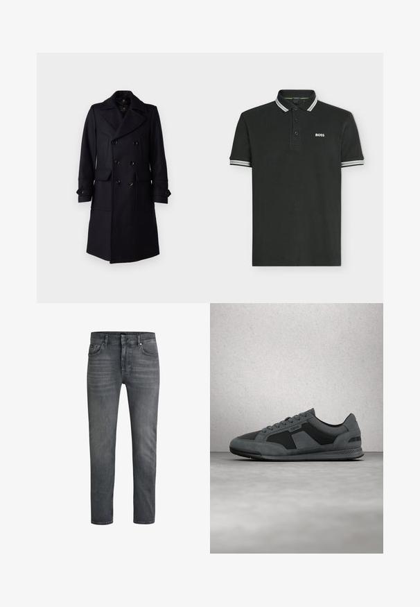 Belstaff MILFORD COAT - Klassischer Mantel - ink blue; Schwarzes Polo mit kurzen Ärmeln mit weißen Doppelstreifen am Kragen und an den Bündchen, mit drei Knöpfen und BOSS-Logo auf der Brust.; Dunkelgraue Jeans aus Denim mit geradem Schnitt, fünf Taschen und dezentem Used-Look. Ausgestattet mit klassischen Gürtelschlaufen und Metallknöpfen.; Grauer Sportschuh mit einer Kombination aus Wildleder und synthetischen Materialien, Schnürdesign und einer strukturierten Sohle für besseren Halt.