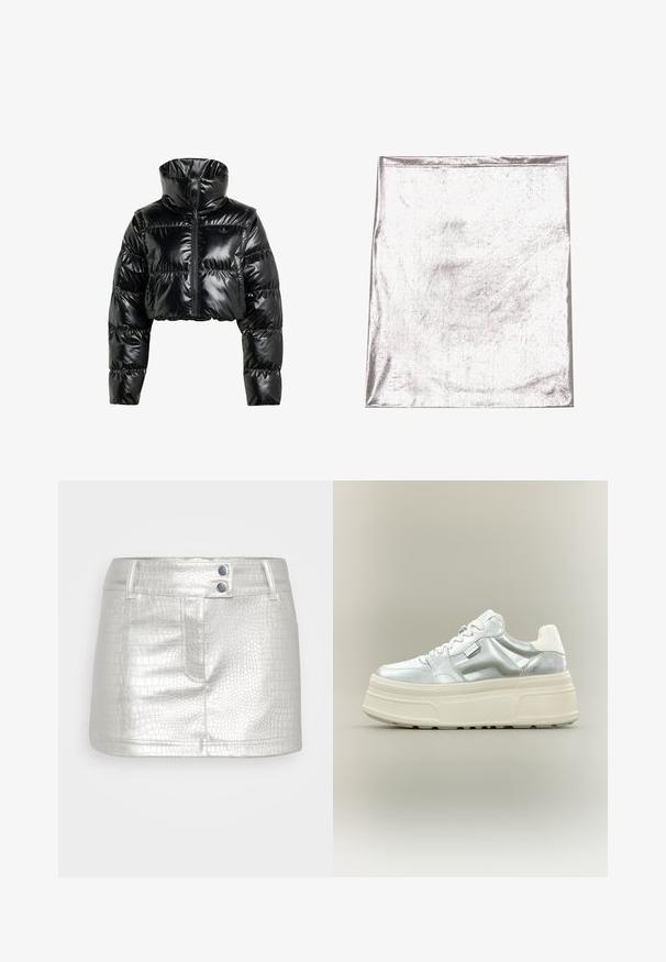 Sort, cropperet pufferjakke lavet af skinnende, glat materiale. Har en høj krave og en frontal lynlås, med ribbede manchetter og en polstret design.; Metallic sølv stof med en glat tekstur og let glans. Rektangulær form, kanter pænt syet, ingen fremtrædende mønstre eller detaljer.; Sølvfarvet, kunstlæder nederdel med et tekstureret krokodillemønster, der har to blå knapdetaljer og en tætsiddende pasform.; Kraftig platform-sneaker med metallic sølv overdel, hvide snørebånd og tyk cremefarvet tekstureret sål, vist i sideprofil på neutral baggrund.