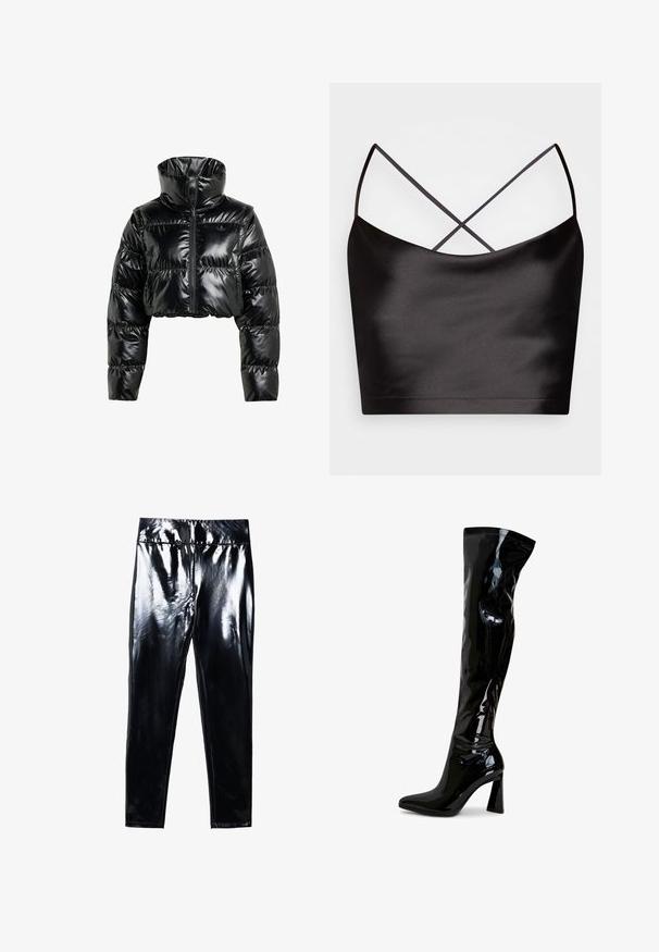 Zwarte cropped pufferjack gemaakt van glanzend, glad materiaal. Heeft een hoge kraag en een rits aan de voorkant, met ribgebreide manchetten en een gewatteerd ontwerp.; Even&Odd by Zalando Top - black; Zwarte leggings met hoge glans, gekenmerkt door een glanzend, glad oppervlak. Elastische tailleband en een figuurvormig ontwerp met een taps toelopende pijp.; Zwarte laarzen van lakleer die tot over de knie reiken, met een puntige neus, een blokhak en een glad, glanzend oppervlak. Zonder zichtbare hardware.