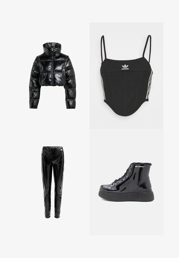 Sort, cropperet pufferjakke lavet af skinnende, glat materiale. Har en høj krave og en frontal lynlås, med ribbede manchetter og en polstret design.; Sort ribbet crop top med justerbare tynde stropper, der har tre hvide striber på siderne og et lille hvidt Adidas-logo i midten.; Sorte højtaljede bukser lavet af glat, reflekterende materiale med en blød tekstur; tætsiddende design, der smalner ind ved anklerne.; Sorte patentlæder ankelstøvler med en tekstureret platformssål, pelsfor og metaløjer. Branding på siden.