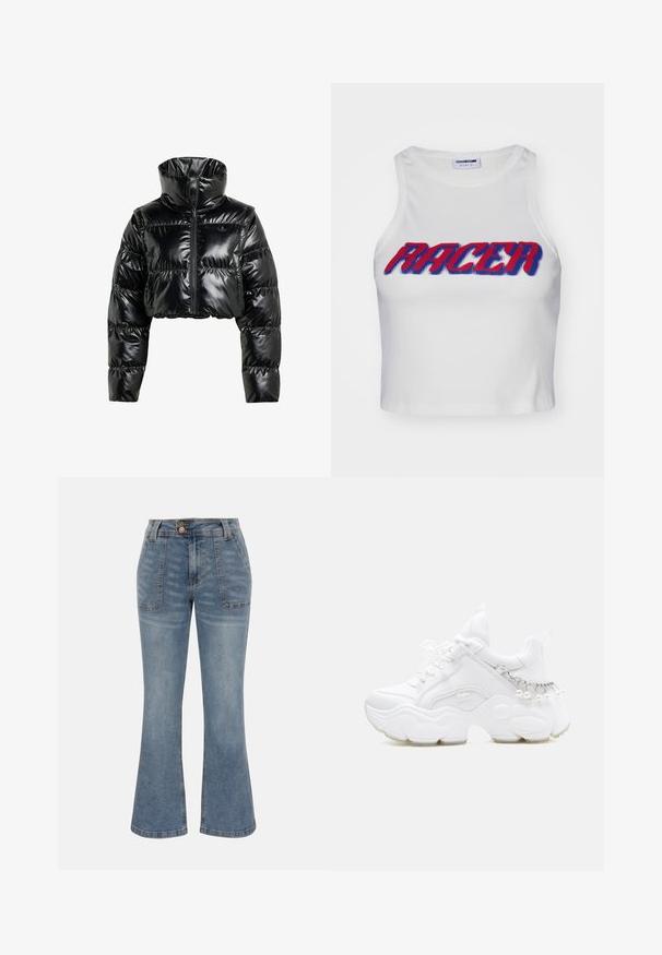 Sort, cropperet pufferjakke lavet af skinnende, glat materiale. Har en høj krave og en frontal lynlås, med ribbede manchetter og en polstret design.; Hvid ribbet cropped tanktop med ordet "RACER" i fed rød og blå skrift over forsiden.; Blå denimjeans med høj talje, forlommer med lap, knap- og lynlås-lukning og en let udvidet ben-silhuet.; Hvid chunky sneaker med tyk sål, snørelukning foran og kædedetalje med hængende perler på hælen.