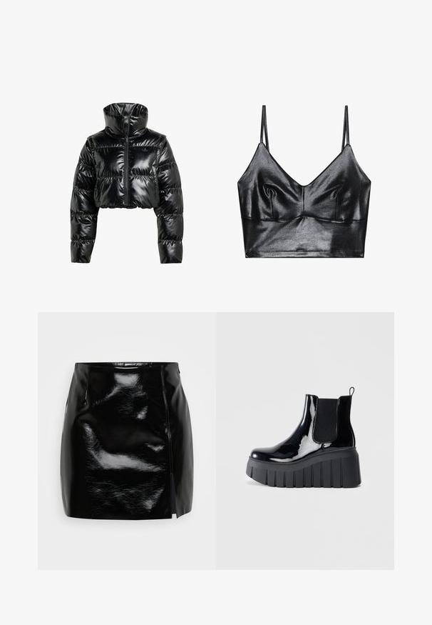 Sort, cropperet pufferjakke lavet af skinnende, glat materiale. Har en høj krave og en frontal lynlås, med ribbede manchetter og en polstret design.; Sorte, skinnende bralette med tynde justerbare stropper, der har en V-udskæring, glat tekstur og subtil samling ved brystet for form.; Sort mini nederdel lavet af blankt materiale. Har en lynlås i siden og en slids på højre side for ekstra detalje og design. Glat tekstur.; Sort lakeret ankelsko med elastiske sidepaneler, chunky platformsål og en løkke til at trække i bagpå. Glat tekstur og slankt design.