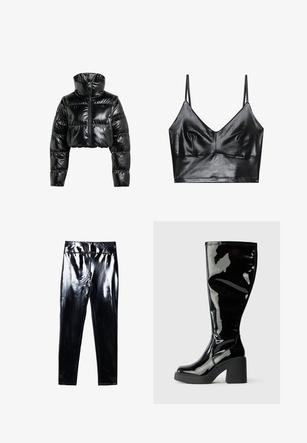 Sort, cropperet pufferjakke lavet af skinnende, glat materiale. Har en høj krave og en frontal lynlås, med ribbede manchetter og en polstret design.; Sorte, skinnende bralette med tynde justerbare stropper, der har en V-udskæring, glat tekstur og subtil samling ved brystet for form.; Sorte højglans leggings med en blank, glat overflade. Elastisk talje og tætsiddende design med en indsnævret benform.; Klassiske knæhøje støvler i sort patentlæder med en glat, skinnende overflade, firkantede tåspidser og kraftige sorte hæle. Søm detaljer langs siden.