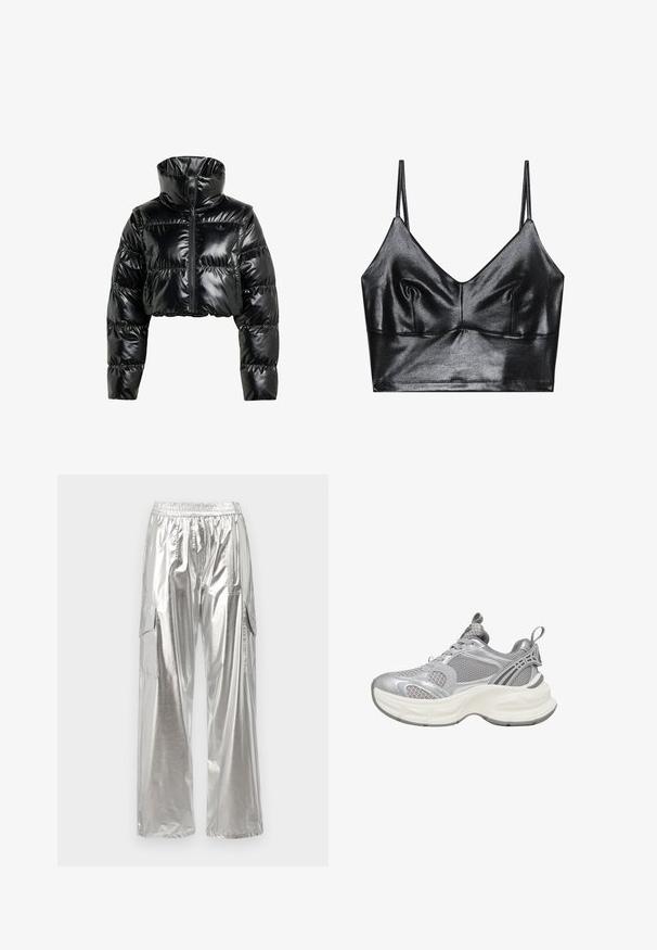 Sort, cropperet pufferjakke lavet af skinnende, glat materiale. Har en høj krave og en frontal lynlås, med ribbede manchetter og en polstret design.; Sorte, skinnende bralette med tynde justerbare stropper, der har en V-udskæring, glat tekstur og subtil samling ved brystet for form.; MCM METALLIC PANTS - Cargobukser - silver; Sølv atletiksneakers med øverste del i mesh, rundet sål, strukturerede detaljer og forstærkede accenter for ekstra støtte.