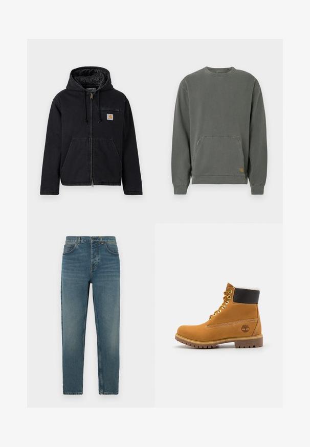 Sort hættejakke lavet af denim med lynlås foran, store forlommer og et lille logopatch på venstre bryst. Quiltet for.; Grå, langærmet sweatshirt lavet af bomuld, med rund hals, frontlomme, ribbede manchetter og et lille logoemblem ved kanten.; Blå denimjeans med lige ben, falmet tekstur, fem-lomme stil og metal knaplukning ved linningen.; Brune læder ankelstøvle med metaløjer, hvid pelsforing, sort polstret krave, robust sål og præget logo på siden.
